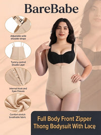 Front Zipper Thong Bodysuit With Lace