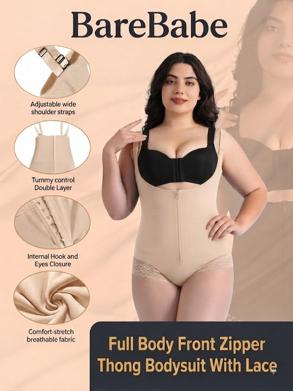 Front Zipper Thong Bodysuit With Lace