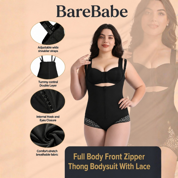 Front Zipper Thong Bodysuit With Lace